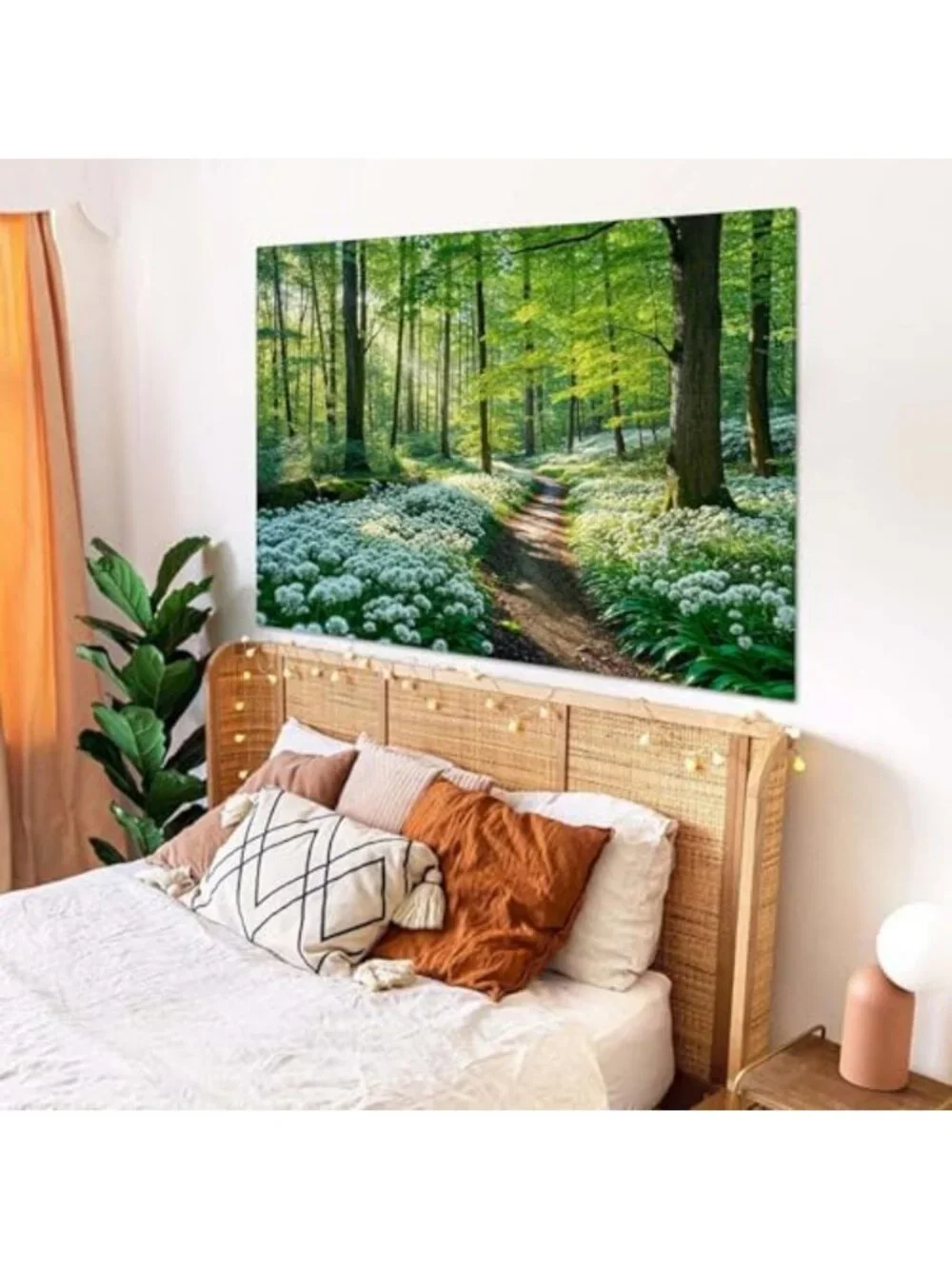 Large Nature Forest Tapestry - Green Tree & White Flower Wall Art for Aesthetic